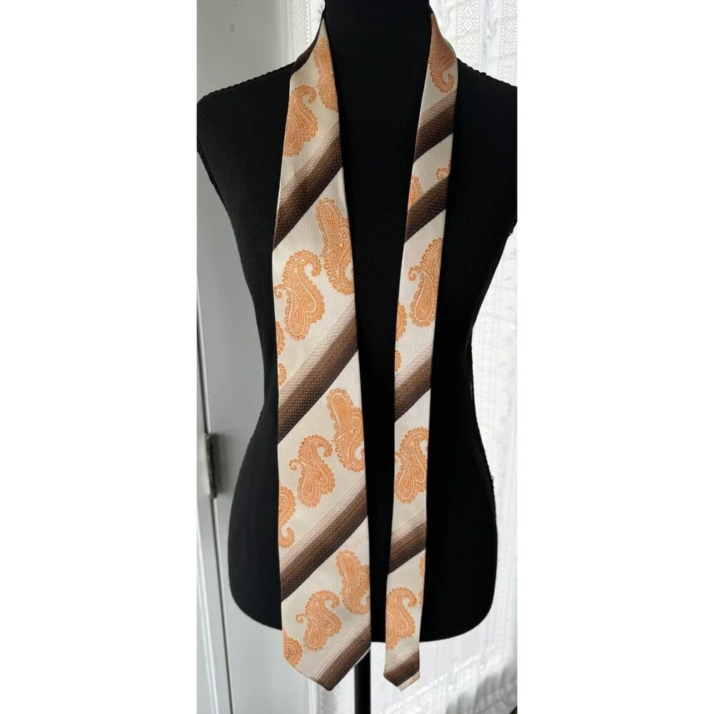 Karl Knox Bold Designer Necktie Orange Paisley Geometric Brown Cream Microfiber